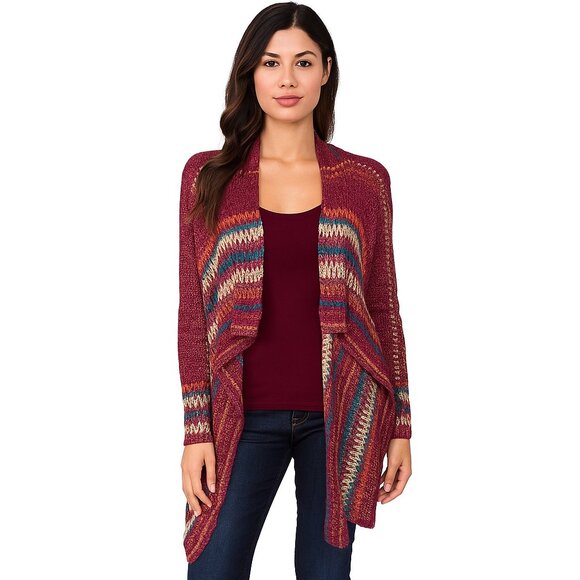 ONE WORLD Women's Open Front Cardigan Medium Acrylic Maroon Boho Zigzag Cozy - Picture 1 of 6